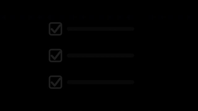 Black checklist items being checked off one by one, transparent background animation