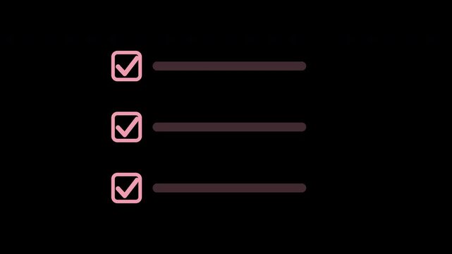 Pink checklist items being checked off one by one, transparent background animation