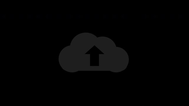 Black cloud upload icon with rising arrow, transparent background seamless loop animation