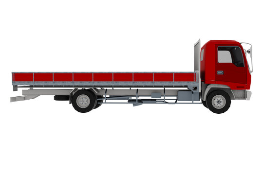 Illustrazione PNG di un camion pianale rosso visto di lato, con sfondo trasparente. Ideale per grafica, logistica, trasporti, edilizia, infografiche e progetti commerciali.