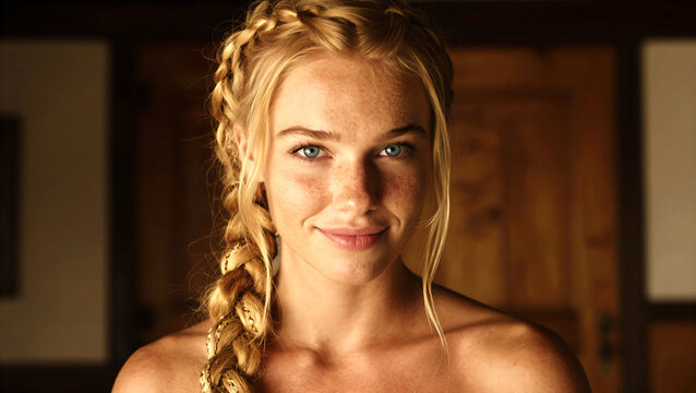 Beautiful blonde woman with braids, portrait looking at camera