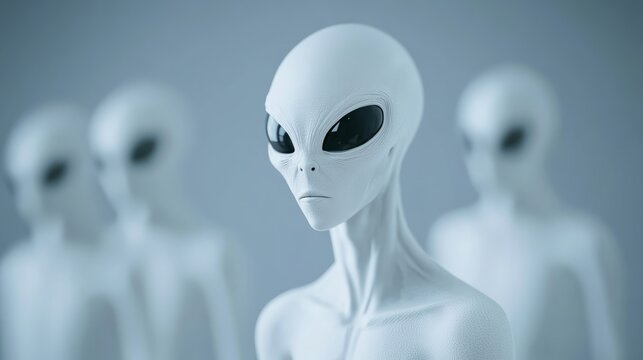 Several extraterrestrial beings with large black eyes and gray skin standing together, possibly observing or analyzing their surroundings, evoking a sense of mystery and otherworldly presence
