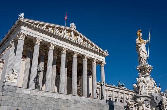 Austrian Parliament building and Pallas Athena statue in Vienna