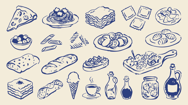Italian food hand drawn doodle vector illustration with pizza pasta lasagna gelato cannoli and dessert elements