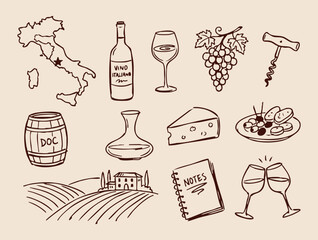 Italian wine tasting hand drawn doodle vector illustration with map bottle grapes vineyard cheese and wine glasses © Saad Hassan