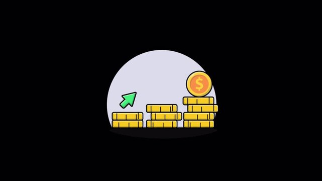 Stacked coins rise with a green arrow pointing upward. Dollar sign rests atop the coins. This symbolizes financial growth and investment success. The design is clean, simple