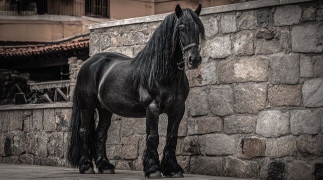 Majestic Black Friesian Horse Standing Regally Against Stone Wall in Rural Setting