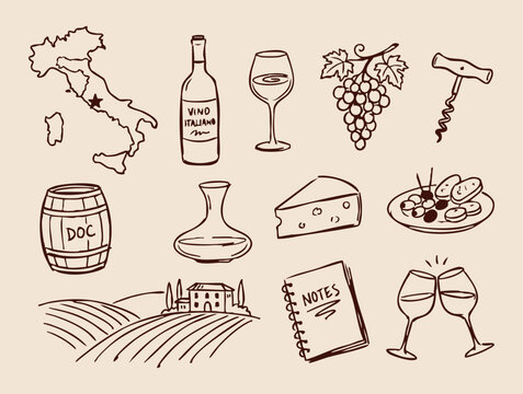 Italian wine tasting hand drawn doodle vector illustration with map bottle grapes vineyard cheese and wine glasses