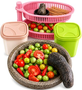 Traditional Indonesian stone mortar and pestle with fresh red and green tomatoes, red chili peppers, and plastic kitchen containers on white background