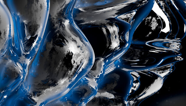 Abstract 3d rendering of shiny blue liquid with reflection