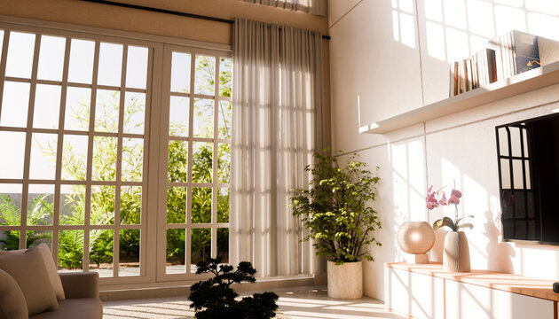 Modern living room interior with bright sunlight and plants