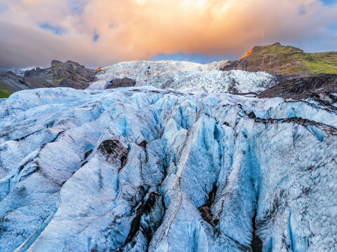 Sunset over the blue ice of Sv�nafellsj�kull glacier in Iceland