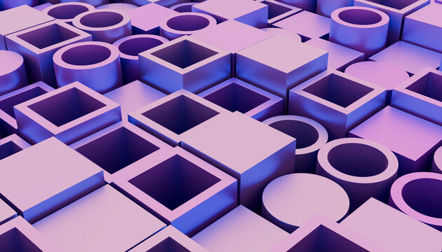 Abstract 3d rendering of purple geometric cubes and tubes