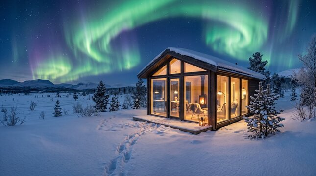 A cozy wooden cabin with glass roof in a snowy Arctic forest, surrounded by mountains and pine trees, white frost on wood, winter village scene, northern lights aurora in the night sky above, cozy hol