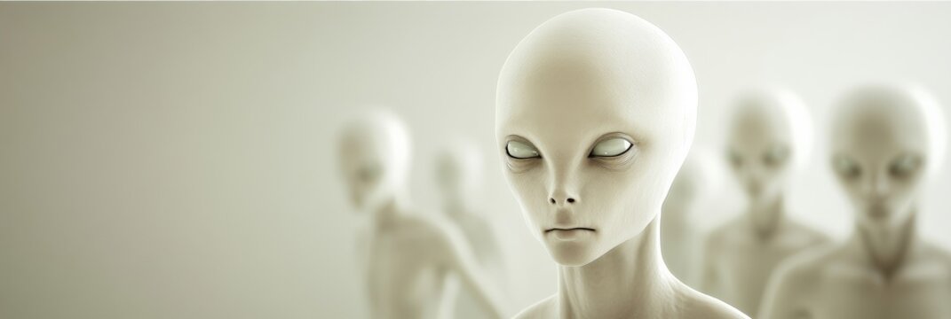 Group of extraterrestrial beings stands in a dimly lit space, their large eyes conveying a sense of profound observation and otherworldly intelligence