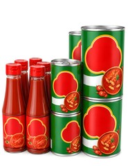 Fototapeta premium Assortment of tomato products red chili sauces with blank red mockup labels