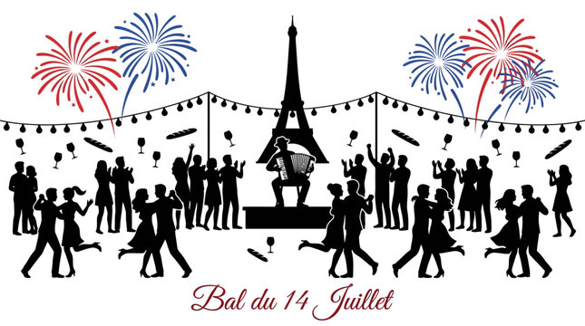 Festive bastille day street celebration silhouette featuring couples dancing to accordion music under fireworks and hanging lights with a tower landmark