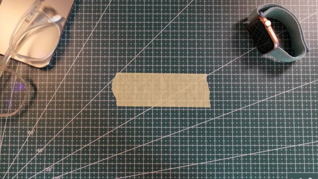 Top view of applying text placeholder tape near notebook, glasses and smartwatch.