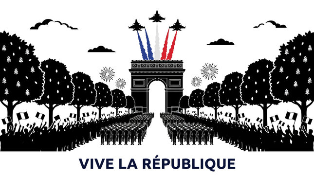Bastille day celebration with military parade and jets flying over arc de triomphe in paris