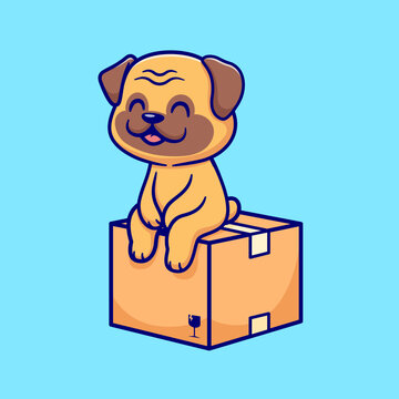 Cute Pug Dog Sitting On Cardboard Box Cartoon 