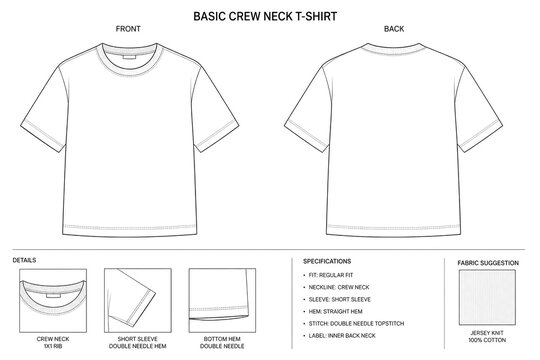 Basic crew neck t-shirt tech pack with front and back. Men's clothing vector flat sketch template with details.
Unisex short sleeve t-shirt fashion technical drawing. Basic Crew Neck T-Shirt Tech