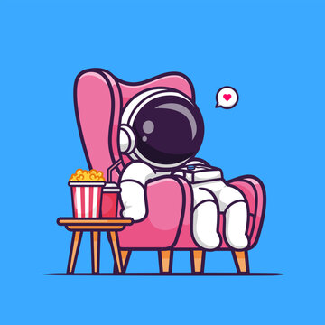 Cute Astronaut Watching Movie With Popcorn And Soda On 
Sofa Cartoon