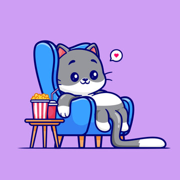 Cute Cat Watching Movie With Popcorn And Soda On Sofa 
Cartoon