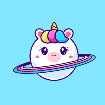 Cute Unicorn Planet Saturn Cartoon