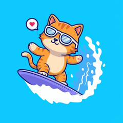 Cartoon cat on a surfboard wearing sunglasses.