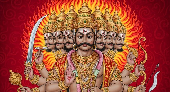 Ten headed Ravana holding sword and bow. Mythological demon king from Indian epic Ramayana. Concept of Dussehra festival celebrating victory of good over evil. Religious historical art.