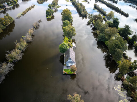 Aerial view of floating village in Scheendijk, Stichtse Vecht, Utrecht, Netherlands.