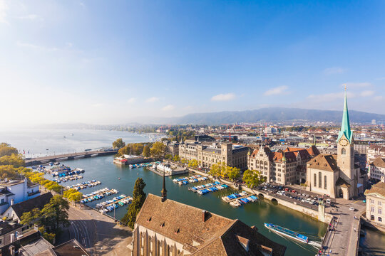 Switzerland, Zurich, Cityview, Limmat River, Town House Quai, Fraumuenster Church and Muenster Bridge