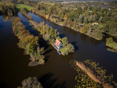 Aerial view of floating village in Scheendijk, Stichtse Vecht, Utrecht, Netherlands.