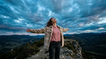 Obraz premium Exhilarated woman embracing the natural world from a mountain peak under a dramatic sky