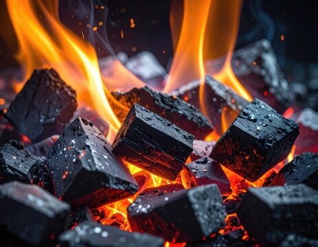 Glowing embers and flickering flames ignite dark charcoal cubes