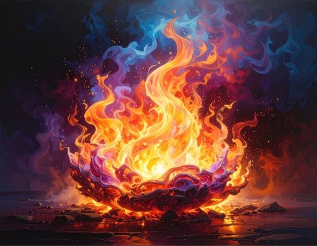 A vibrant, ethereal bloom of orange and blue flames erupts from a dark, rocky base