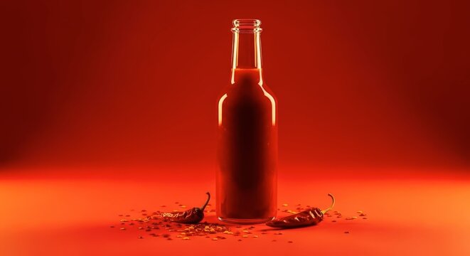 Shattered beer bottle on red background.