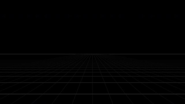 Black retro perspective grid floor moving forward, transparent background seamless loop