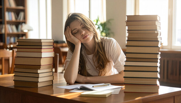 Exhausted female student sleeping at library desk surrounded by tall stacks of textbooks after long hours of intensive study session