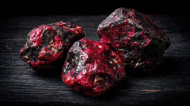 Rough unpolished deep red ruby gemstone crystals embedded in their host rock showcasing natural raw beauty