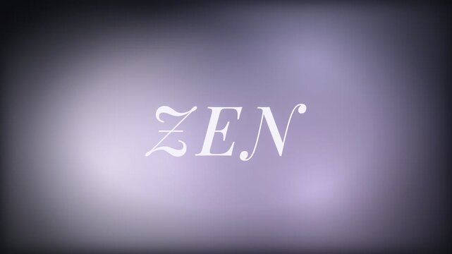 Zen kinetic typography word animation with slow breathing pulse fade on soft lavender grey gradient