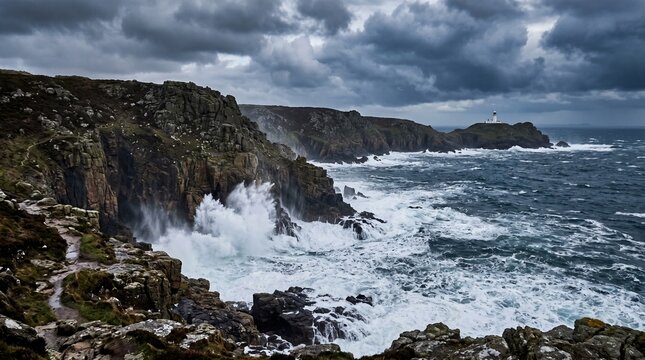 Rugged ocean cliffs with waves crashing below, dramatic cloudy sky, lighthouse in distance, wide landscape shot, moody atmosphere, photorealistic