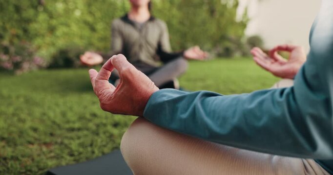 Meditation, teacher or zen with hands in nature for spiritual wellness or outdoor mindfulness. Instructor, group or lotus pose with lesson on grass field for chakra, mudra or inner peace together
