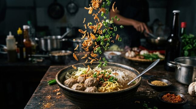 Authentic Indonesian Bakso Soup with Falling Toppings in Kitchen