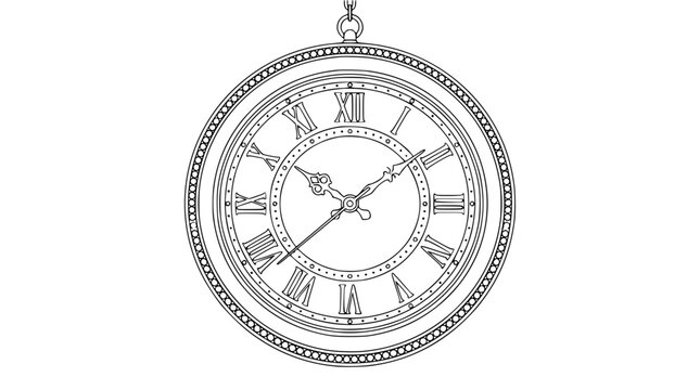 Vintage Antique Pocket Watch Clock Face Line Art Illustration for Coloring Page