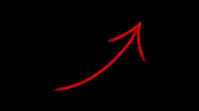 Red chalk hand drawn upward curved arrow animation over black background pointer shows direction.