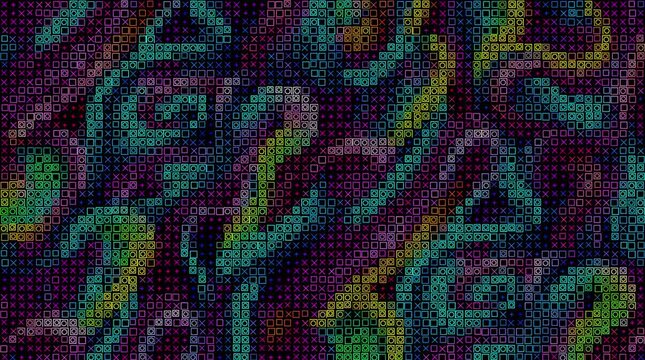Psychedelic halftone dot pattern background, abstract colorful mosaic texture loop, retro digital wave motion graphic