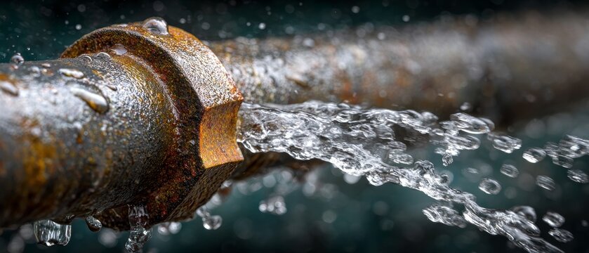 A rusty pipe leaks water against a dark background, highlighting infrastructure decay and resource waste.