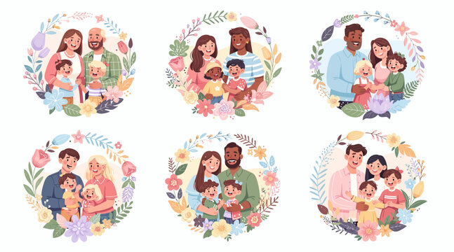 Diverse happy families with kids and pets surrounded by flowers