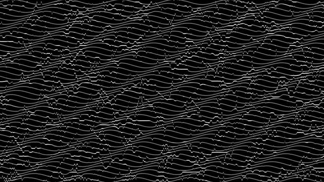 Retro digital waveform pattern, abstract black and white audio frequency lines, glitchy signal waves background